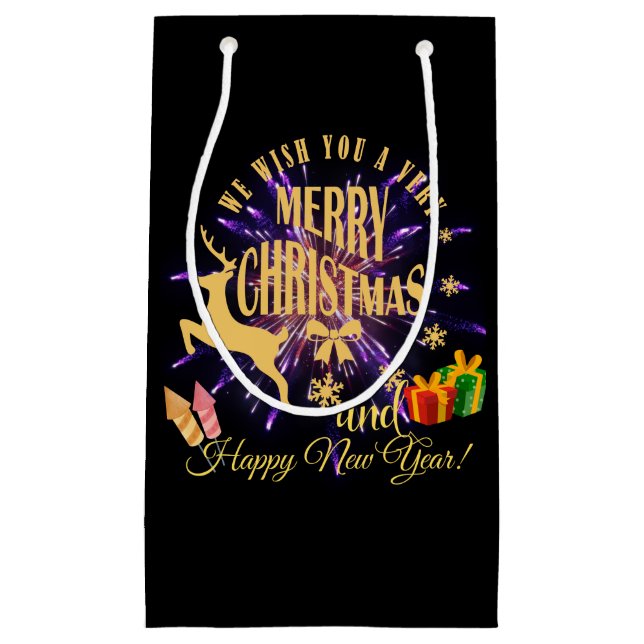 Sacola Para Presentes Pequena Feliz Feliz ano novo de Natal (Frente)