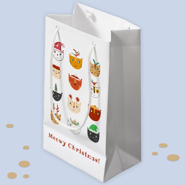 Sacola Para Presentes Pequena Feliz Gato Feliz Feriados de Natal (Fun Meowy Christmas kitty cat custom text gift bag)