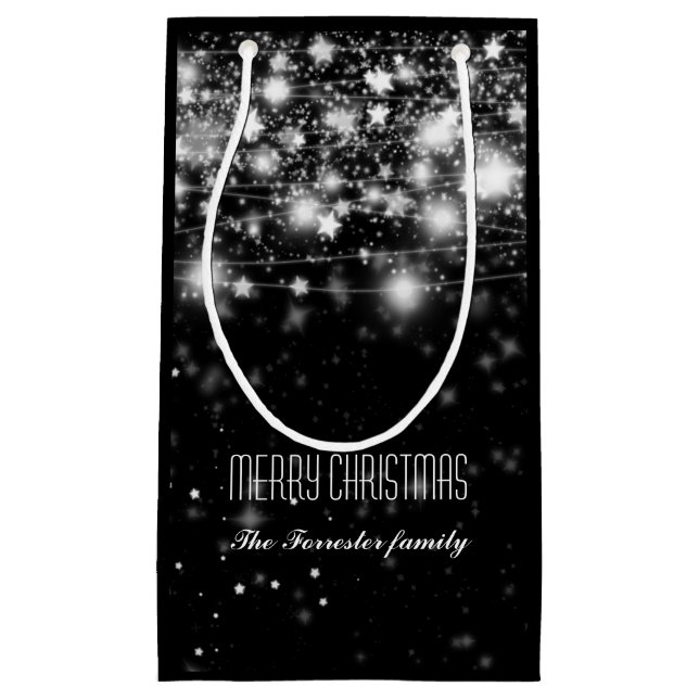 Sacola Para Presentes Pequena Feliz Natal cintilante preto elegante das estrelas (Frente)