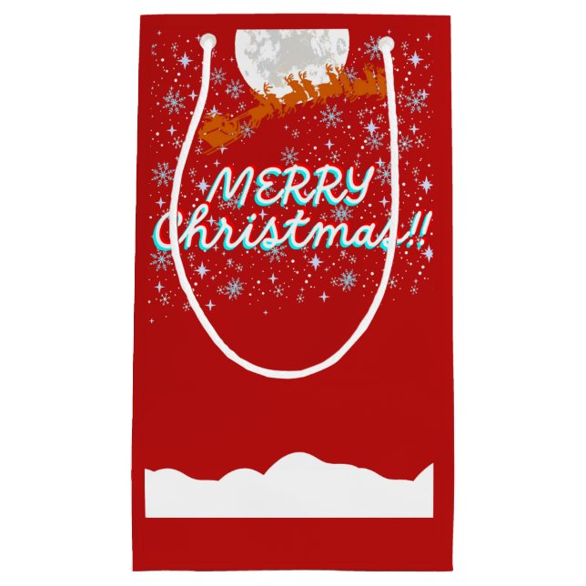 Sacola Para Presentes Pequena Feliz Natal com os Papais noeis. (Frente)