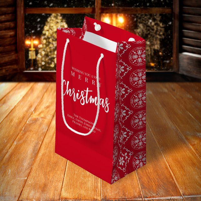 Sacola Para Presentes Pequena Feliz Natal Floco de Neve Vermelho Quente (Merry Christmas holiday red snowflake gift bag. )