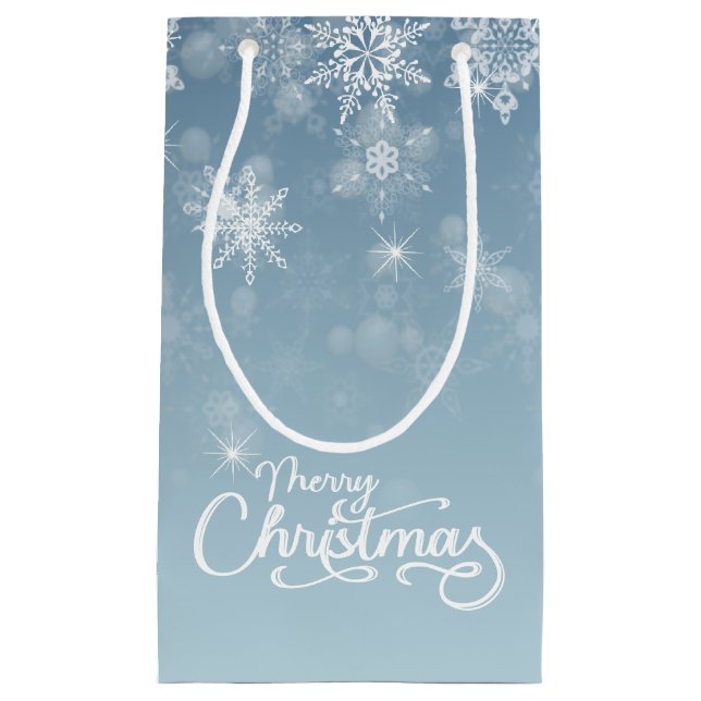 Sacola Para Presentes Pequena Feliz Natal Flocos de Neve Feriado Azul (Frente)