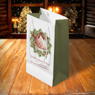 Sacola Para Presentes Pequena Feliz Natal Foto Watercolor Greenery Wreath