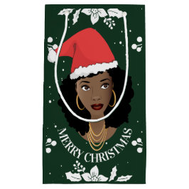 Sacola Para Presentes Pequena Feliz Natal, Mulher Negra com Papai Noel, Verde
