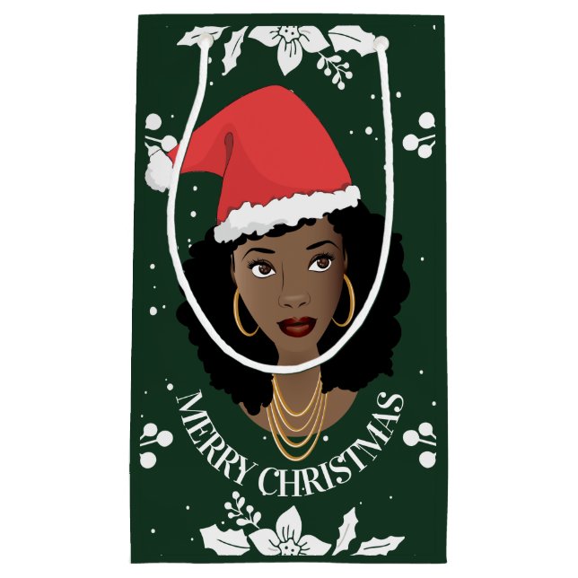 Sacola Para Presentes Pequena Feliz Natal, Mulher Negra com Papai Noel, Verde (Frente)