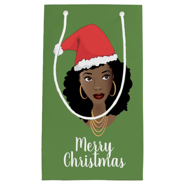 Sacola Para Presentes Pequena Feliz Natal! Mulher Negra, Red Santa Hat, Verde (Frente)