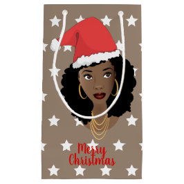 Sacola Para Presentes Pequena Feliz Natal Mulher Negra Santa Hat, Stars Brown