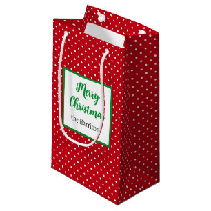 Sacola Para Presentes Pequena Feliz Natal, nome, pontos suíços vermelhos e branc