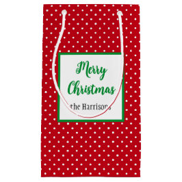 Sacola Para Presentes Pequena Feliz Natal, nome, pontos suíços vermelhos e branc