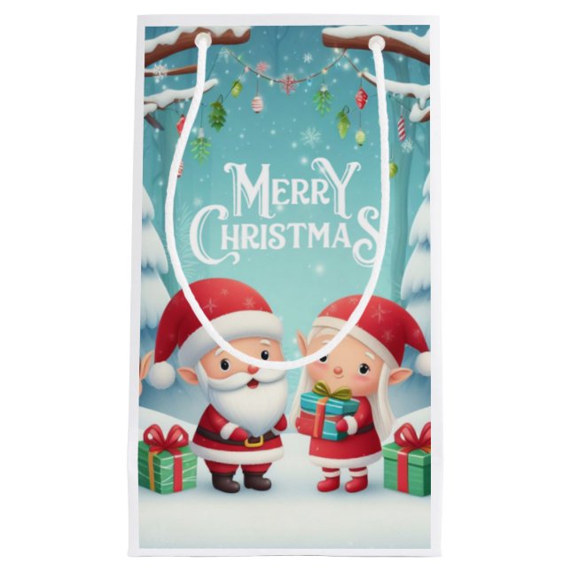 Sacola Para Presentes Pequena Feliz Natal/papais noeis/elfos neve (Frente)