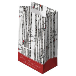 Sacola Para Presentes Pequena Feliz Natal Red Cardinal Bird & Birch Tree