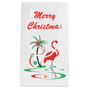 Sacola Para Presentes Pequena Feliz Natal vermelho do flamingo do Natal pequeno
