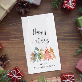 Sacola Para Presentes Pequena Felizes Feriados Pinheiros Árvore Aquarela Natal