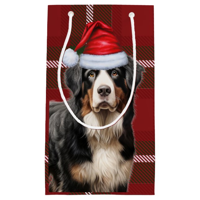 Sacola Para Presentes Pequena Feriado Bernese Mountain Dog Xadrez Natal (Frente)