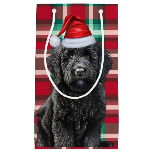 Sacola Para Presentes Pequena Feriado Black Labradoodle Diversão Xadrez Natal (Frente)
