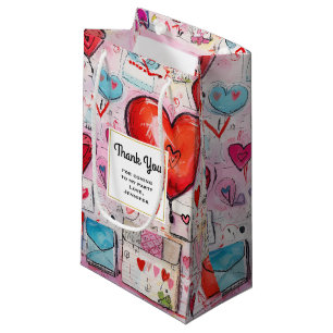 Sacola Para Presentes Pequena Festa de Corações Cômicos e Cartas de Amor Obrigad