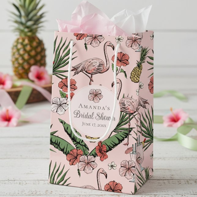 Sacola Para Presentes Pequena Festa de Noiva Flamingo Rosa e Hibisco Tropical (Chic Pink Tropical Floral Pink Flamingo, Hibiscus Flowers & Banana Leaves Bridal Shower Gift Bags)