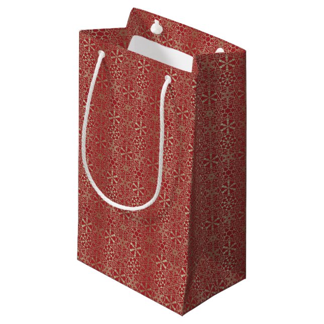 Sacola Para Presentes Pequena Festive Red Golden Winter Snowflakes Holiday (Frente inclinada)