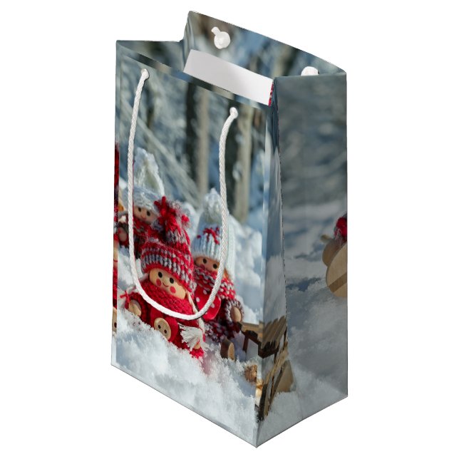 Sacola Para Presentes Pequena Figurinhas de Natal de Madeira (Frente inclinada)