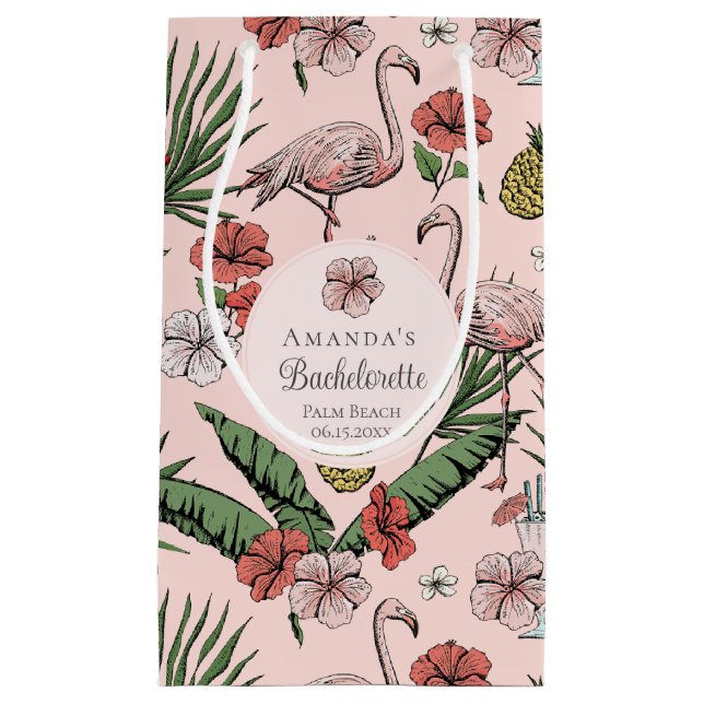 Sacola Para Presentes Pequena Flamingo rosa tropical e Hibiscus Bachelorette (Frente)
