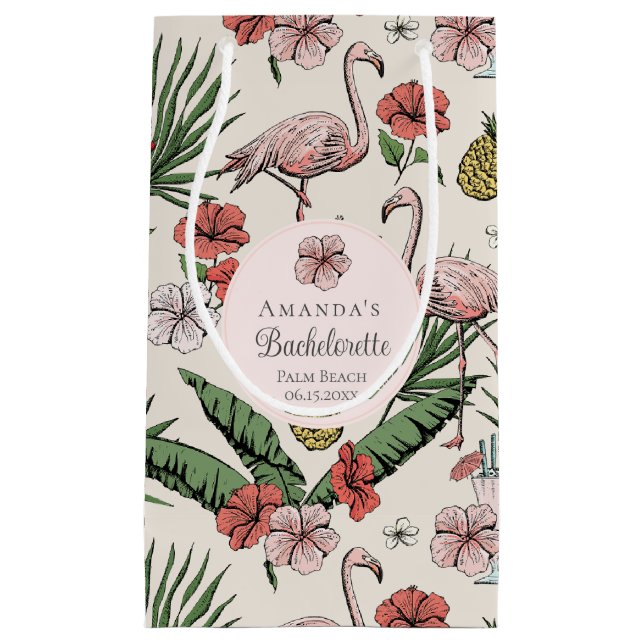 Sacola Para Presentes Pequena Flamingo rosa tropical e Hibiscus Bachelorette (Frente)