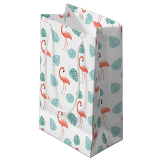 SACOLA PARA PRESENTES PEQUENA FLAMINGOS ROSAS E FOLHAS TROPICAIS VERDES