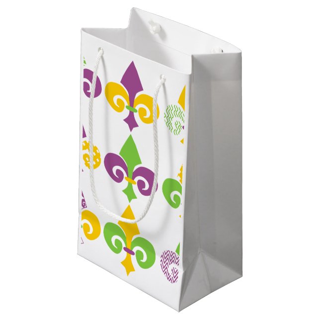 Sacola Para Presentes Pequena Fleur de Lis de Mardi Gras (Frente inclinada)