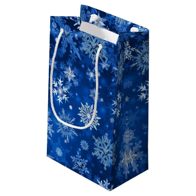 Sacola Para Presentes Pequena Flocos de neve de Natal Blue e Silver Gift Bag (Verso inclinado)