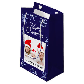 Sacola Para Presentes Pequena Flocos de Neve de Natal com Foto Personalizada Azu