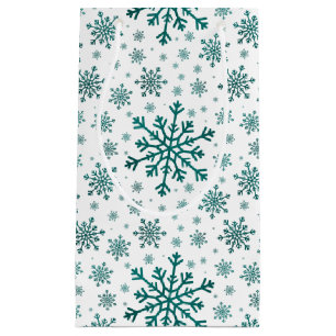 Sacola Para Presentes Pequena Flocos de neve de Natal Verde e Esmeralda em Branc