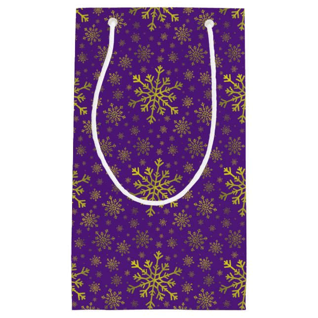 Sacola Para Presentes Pequena Flocos de neve Dourados de Natal, Amarelos, Cute,  (Frente)