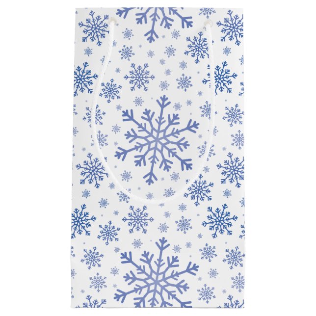 Sacola Para Presentes Pequena Flocos de neve marinho azul de Natal em branco de  (Frente)