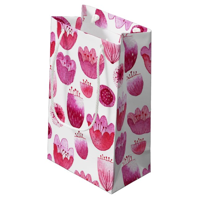 Sacola Para Presentes Pequena Flor de Aquarela Rosa (Verso inclinado)