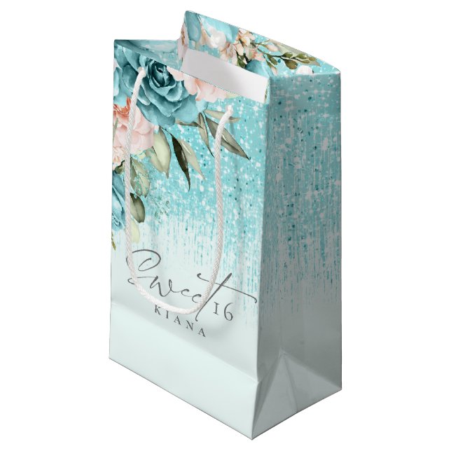 Sacola Para Presentes Pequena Floral Sparkles Sweet Six Teal ID912 (Frente inclinada)