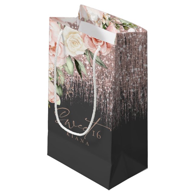 Sacola Para Presentes Pequena Floral Sparkles Sweet XVI Rosa Dourado/Blk ID912 (Frente inclinada)