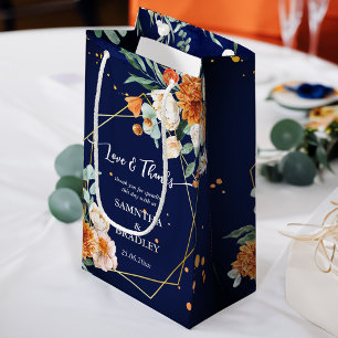 Sacola Para Presentes Pequena Flores azuis laranja marinho obrigado azul