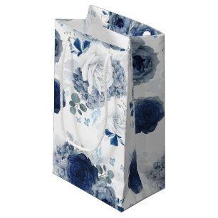 Sacola Para Presentes Pequena Flores Azul Poeirento e Azul Marinho Elegante Botâ