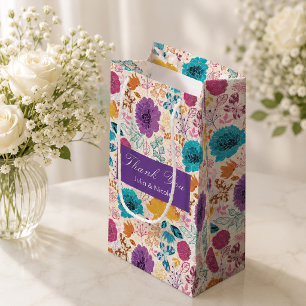 Sacola Para Presentes Pequena Flores de Amor Floral Romântico Rosa Roxo Casament