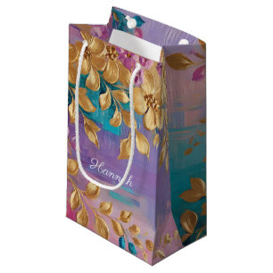 Sacola Para Presentes Pequena Flores De ouro Pintadas Na Turquesa Lilática Rosa