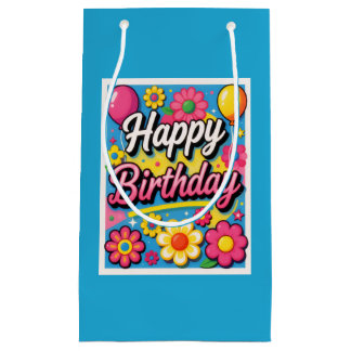 Sacola Para Presentes Pequena Flores e Balões de Aniversário Feliz Azul Brilhant