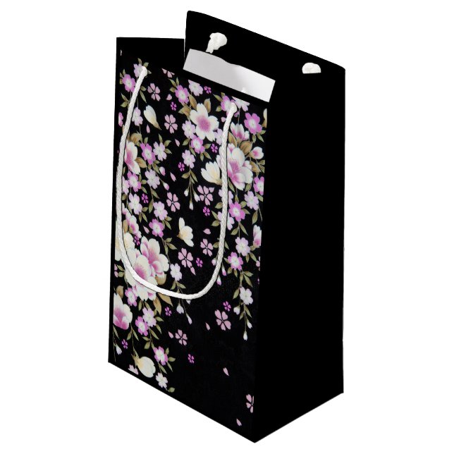 Sacola Para Presentes Pequena Flores Rosa em Cascata Faltadas (Verso inclinado)