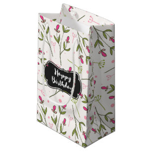 Sacola Para Presentes Pequena Flores Selvagens, Rosa e Verde, Aniversário