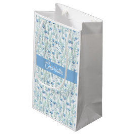 Sacola Para Presentes Pequena Flores silvestres aquarela azul nome personalizado