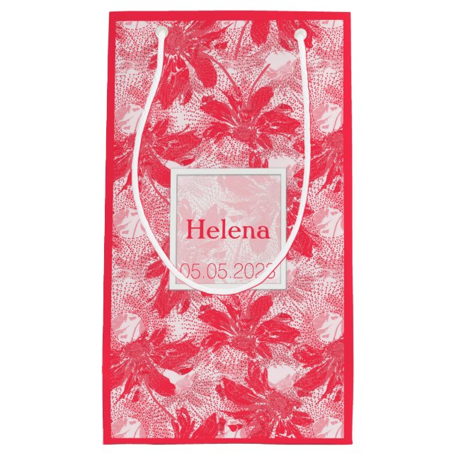 Sacola Para Presentes Pequena Flores vermelhas em branco. (Frente)