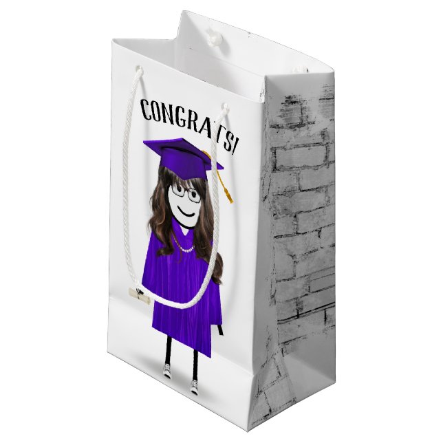Sacola Para Presentes Pequena Formando de Garota com Boné Roxo e Diploma (Frente inclinada)
