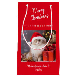Sacola Para Presentes Pequena Foto de gato de Natal agradável personalizado