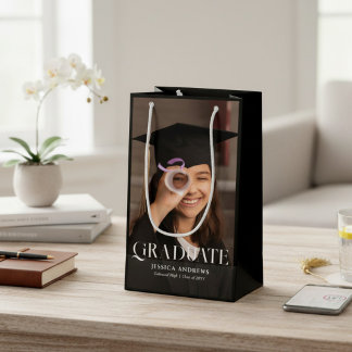 Sacola Para Presentes Pequena Foto de Graduado Moderno Script Graduação
