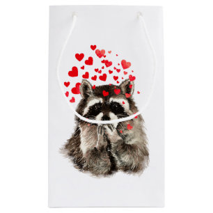Sacola Para Presentes Pequena Funny Raccoon soprando beijo amor Corações Valen