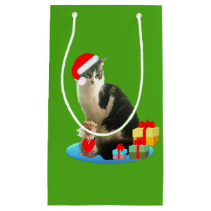 Sacola Para Presentes Pequena Gato Adorável de Natal