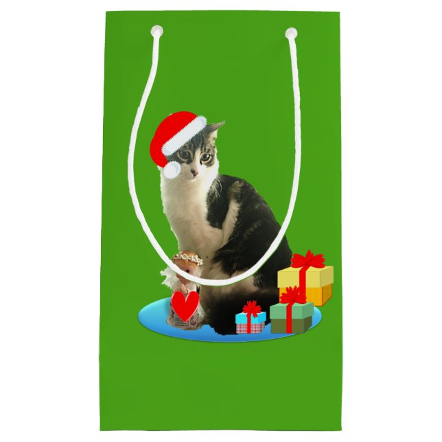 Sacola Para Presentes Pequena Gato Adorável de Natal (Frente)